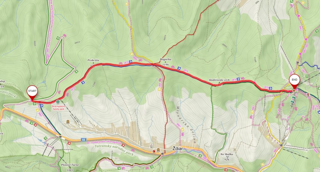 Mapa bežeckej trate hrebeňom Magury v smere Príslop - Ski Bachledova (Chodník v korunách stromov)